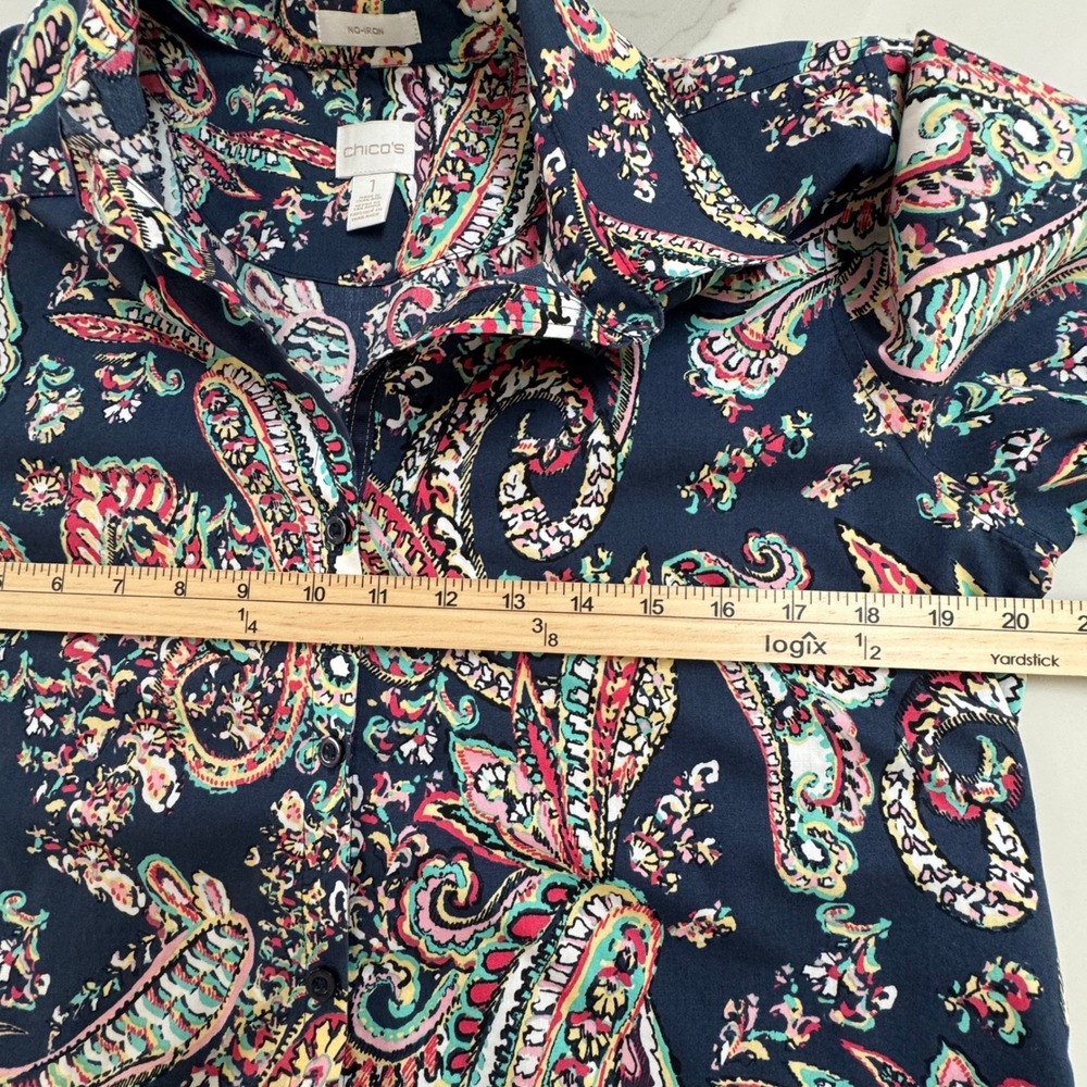 Chico's Paisley Button up Shirt Size 1 Navy Blue No-Iron Cotton Long Sleeve - Picture 2 of 9